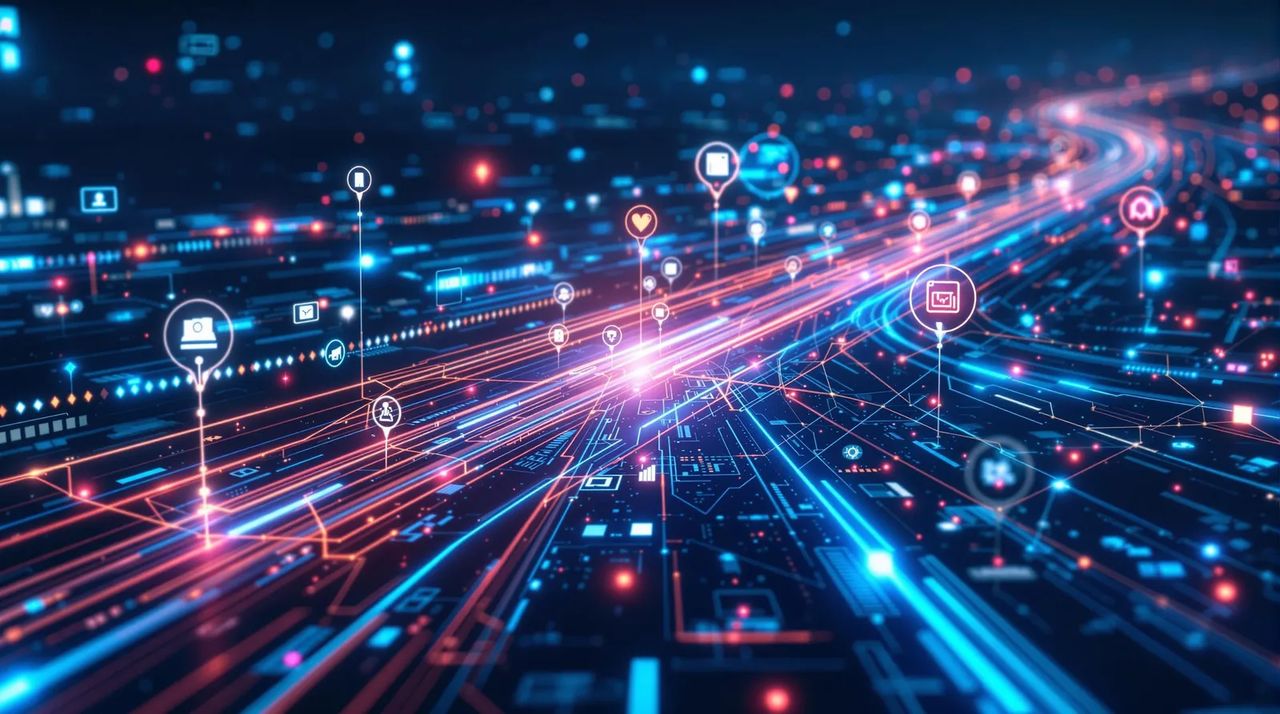 Symbolischer Weg mit digitalen Icons um die KI-Transformation zu symbolisierne