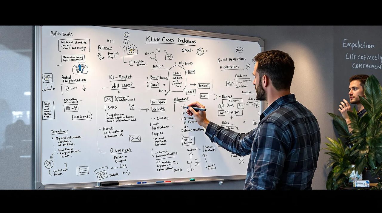 Digitale Skizze auf dem Whiteboard mit KI-Anwendungsfällen, beschriftet und verbunden
