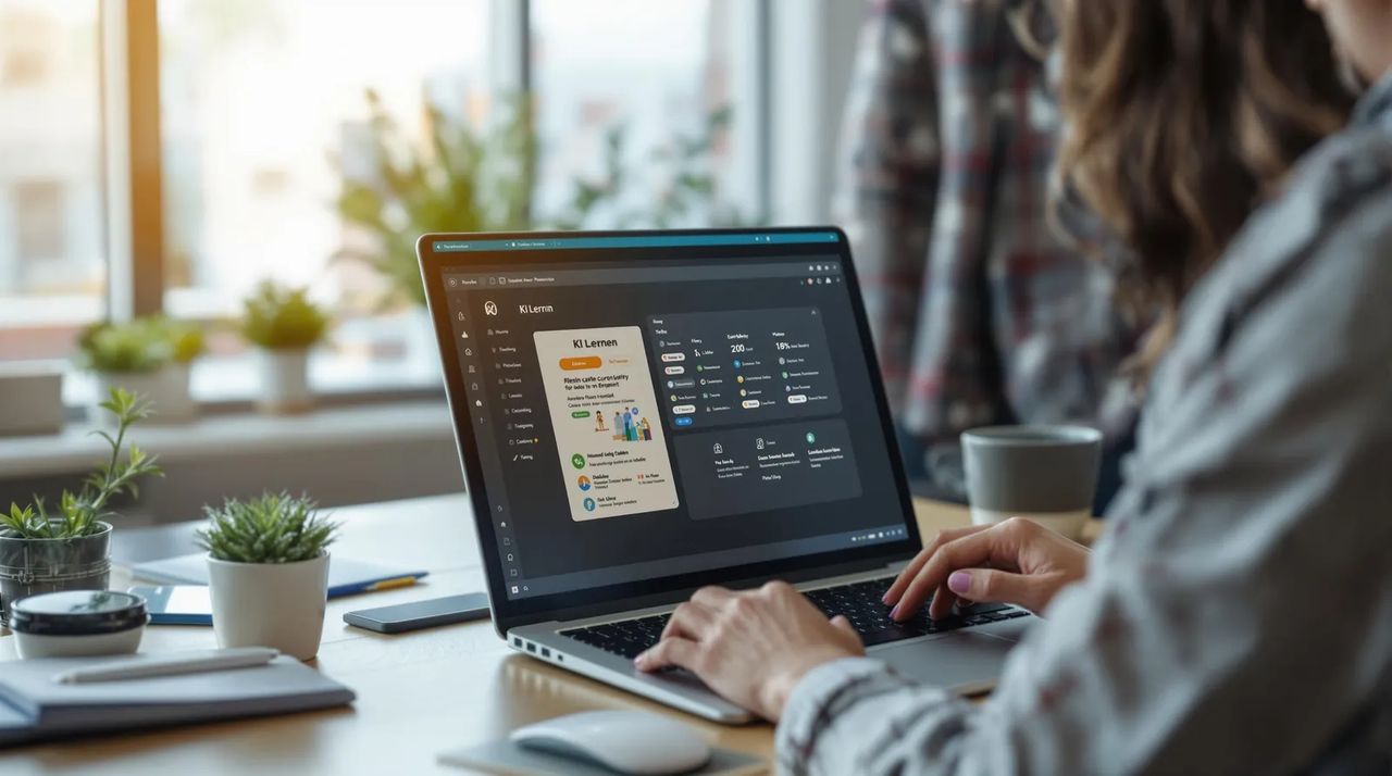 Laptop-Nutzerin in moderner Umgebung mit KI-Lernplattform geöffnet