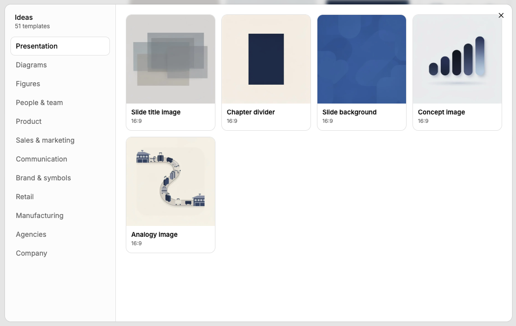 Screenshot of the idea catalogue: categories on the left, idea tiles on the right.