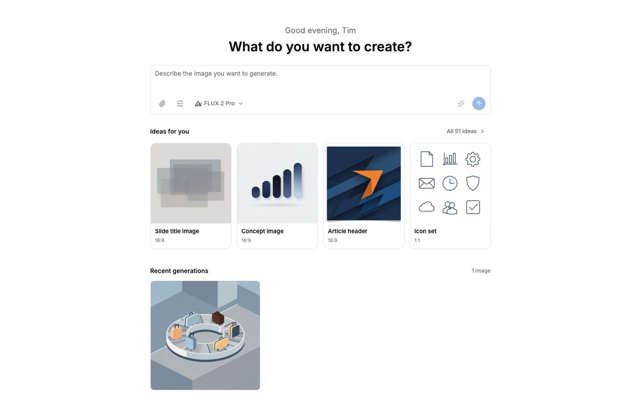 Screenshot of the Images app: a prompt box at the top, idea suggestions below it, and a grid of recently generated images.