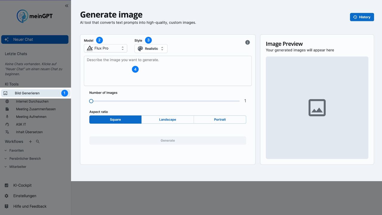Screenshot of the user interface of the image generation tool on the meinGPT platform, with options for selecting the AI model, image style, and input field for image description.