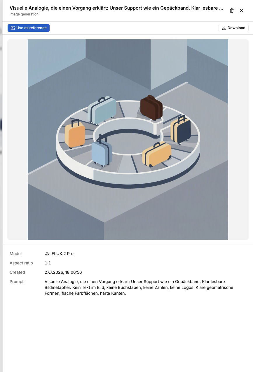 Screenshot of an opened generation: the image, Use as reference and Download buttons, and the generation details below.