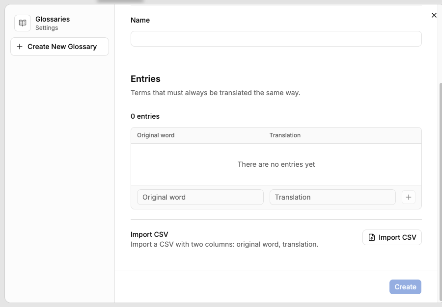 Screenshot of the Glossary settings window: the list of glossaries on the left, entries table and CSV import on the right.