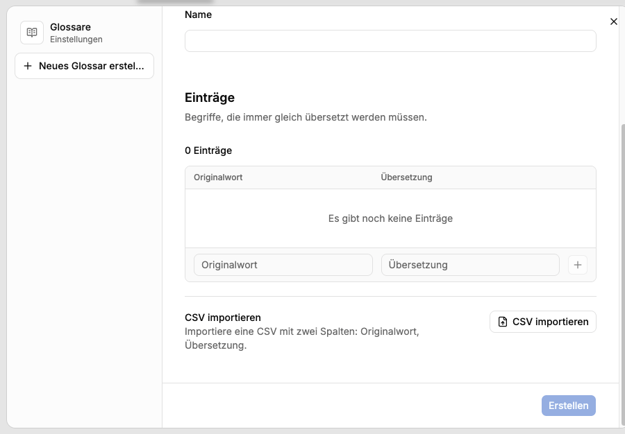 Screenshot der Glossar-Einstellungen: Liste der Glossare links, Einträge-Tabelle und CSV-Import rechts.