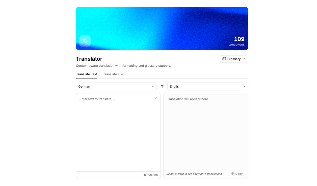 Screenshot of the Translator page, showing the language and glossary count banner, the Translate Text / Translate File tabs, and the glossary menu.