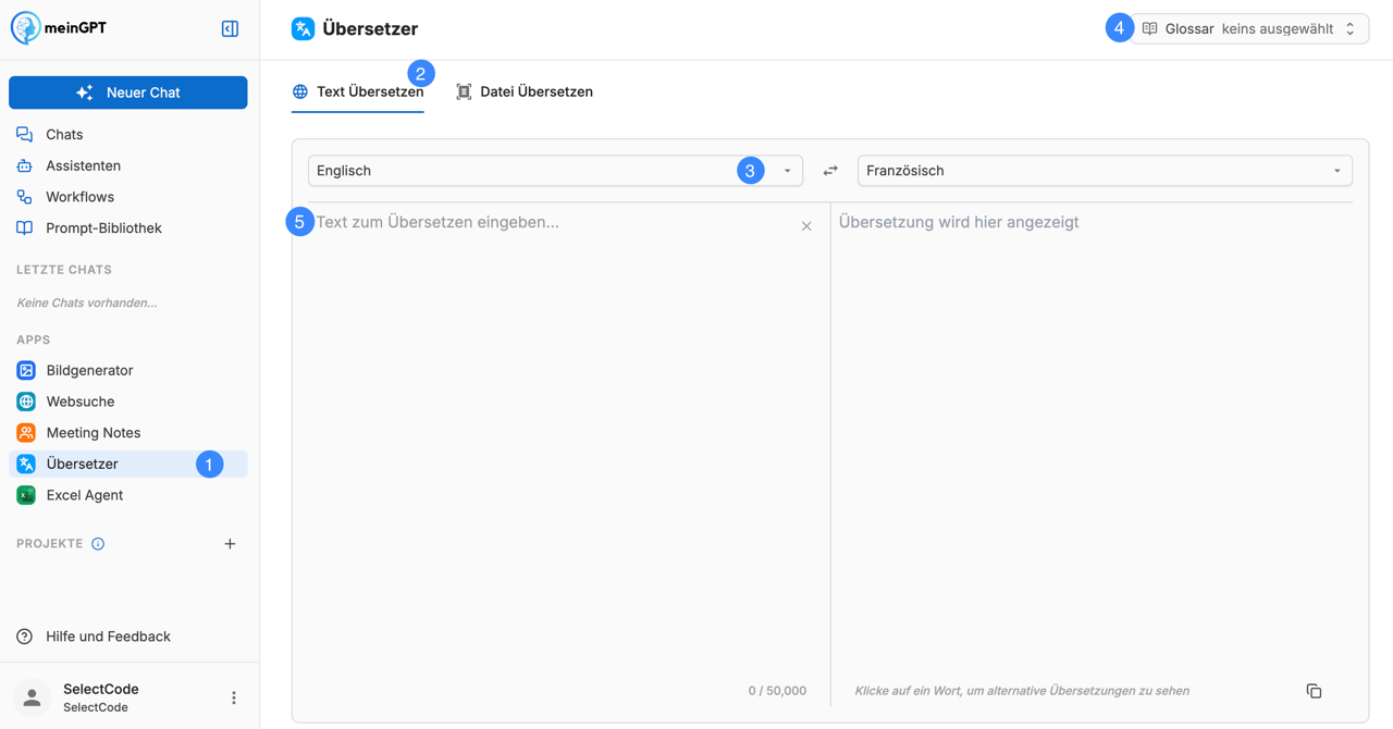Screenshot of the translation feature selection on the meinGPT platform