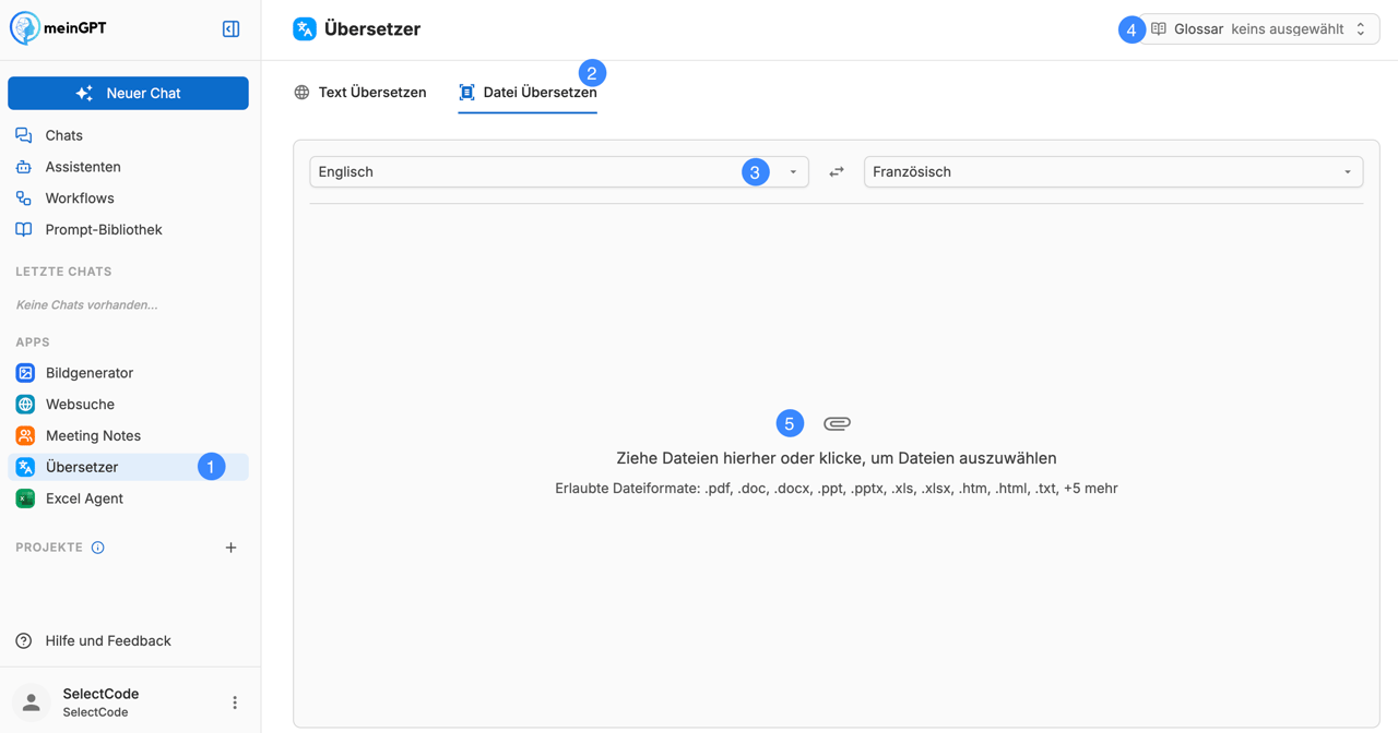 Screenshot of the translation feature selection on the meinGPT platform