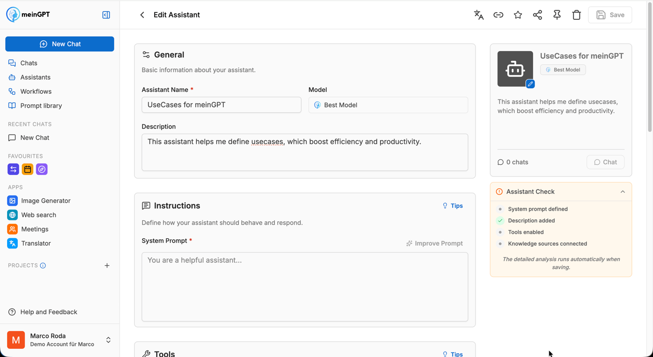 Assistant Check in the sidebar
