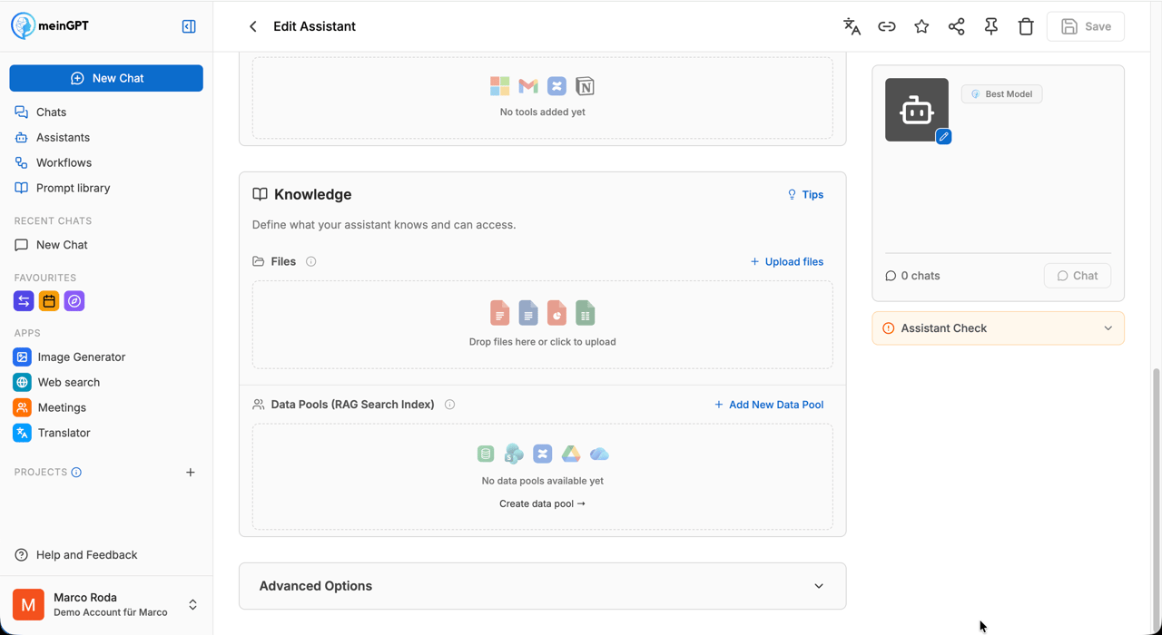 Knowledge section in the editor