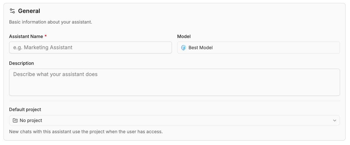 Name, model, description and project in the General section