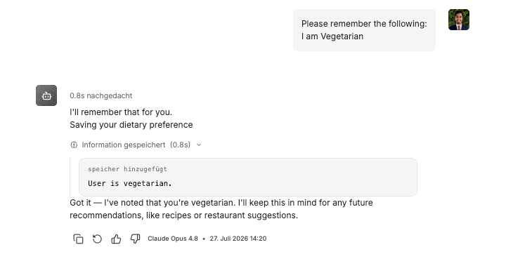 Chat where the user asks the assistant to remember something – the "memory added" tool step shows the stored memory
