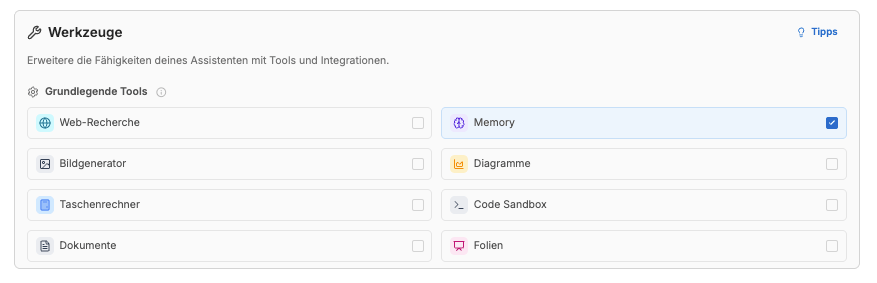Sektion Werkzeuge im Assistenten-Editor mit aktiviertem Memory-Tool unter Grundlegende Tools