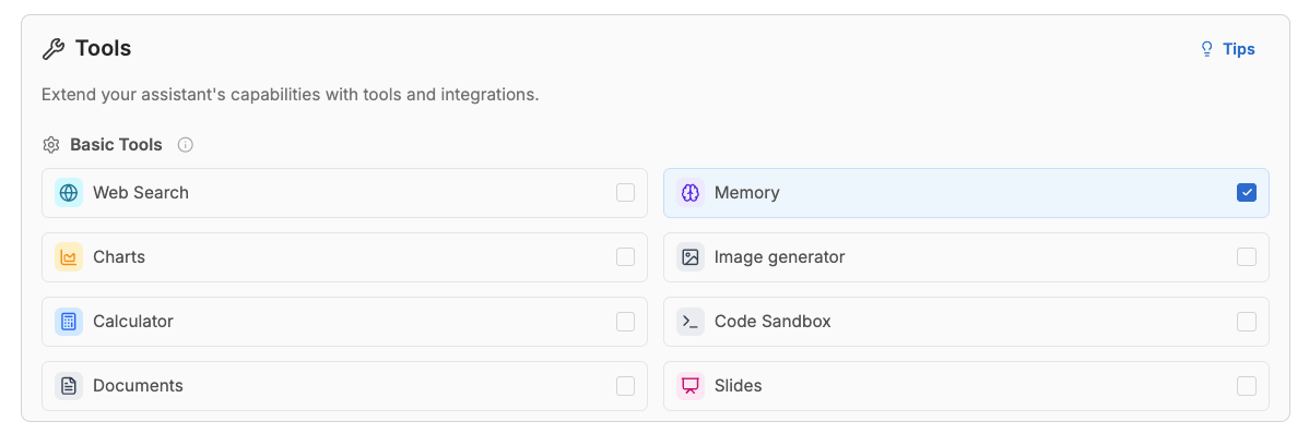 Tools section of the assistant editor with the Memory tool enabled under Basic tools