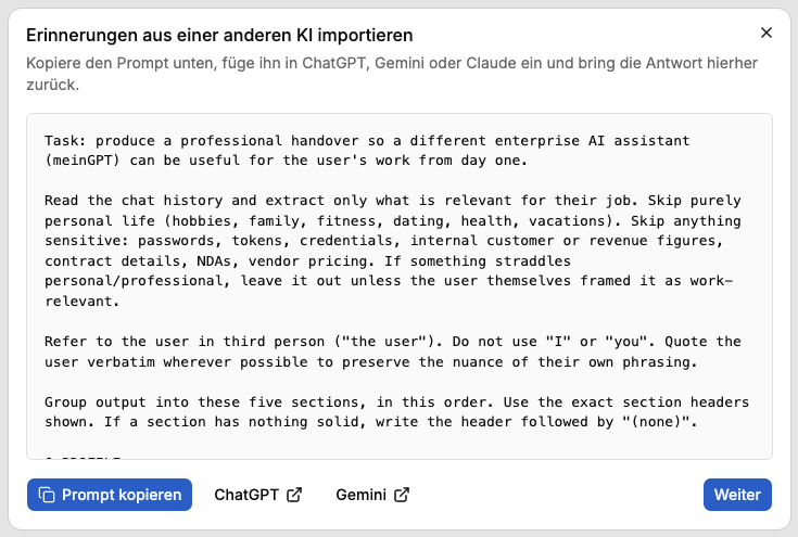 Import-Dialog auf der Memory-Seite mit dem kopierbaren Prompt für ChatGPT, Gemini oder Claude