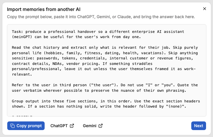 Import dialog on the Memory page with the copyable prompt for ChatGPT, Gemini, or Claude