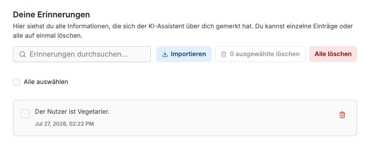 Memory-Seite in den Einstellungen mit Suche, Import, Auswahl-Löschen und der Liste gespeicherter Erinnerungen