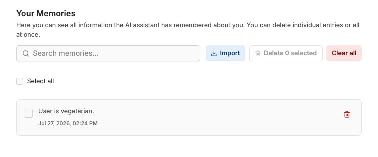 Memory page in Settings with search, import, delete-selected and the list of stored memories