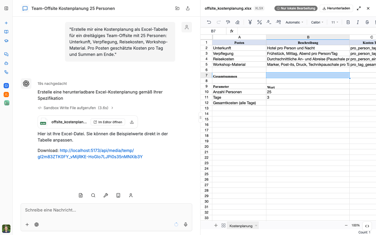 Editable spreadsheet open in the chat drawer