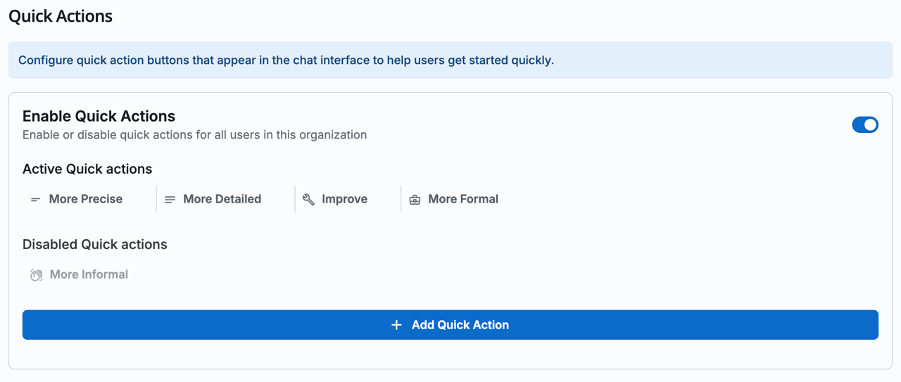 Quick Actions settings interface