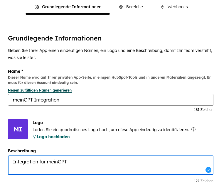 Create Private App: Basic information