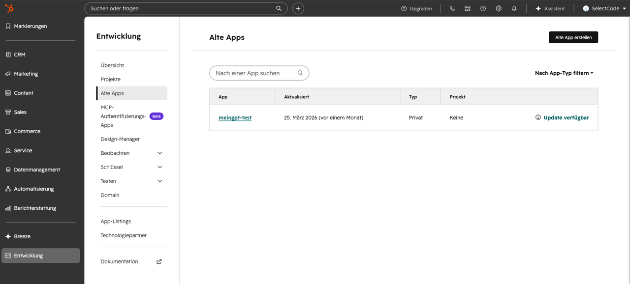 HubSpot Settings: Private Apps page
