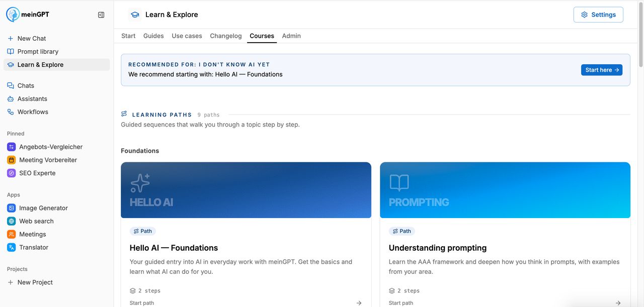 Guided learning paths in the "Courses" tab