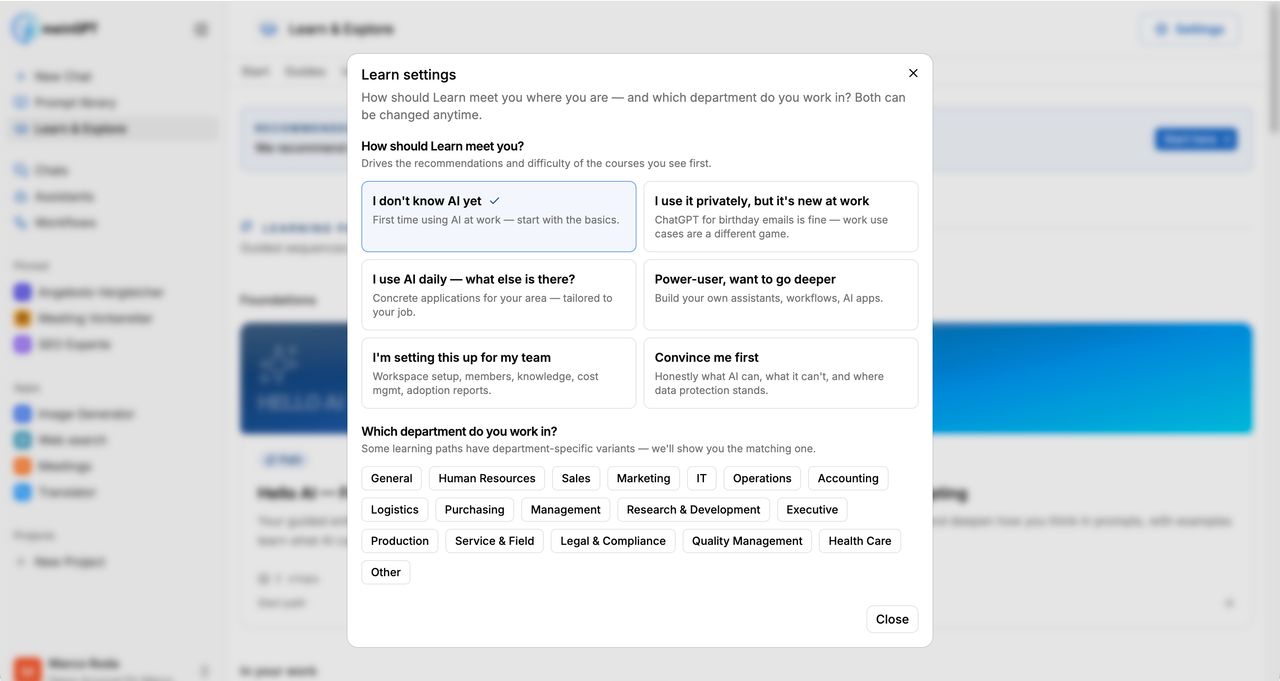 Learn settings: experience level and department