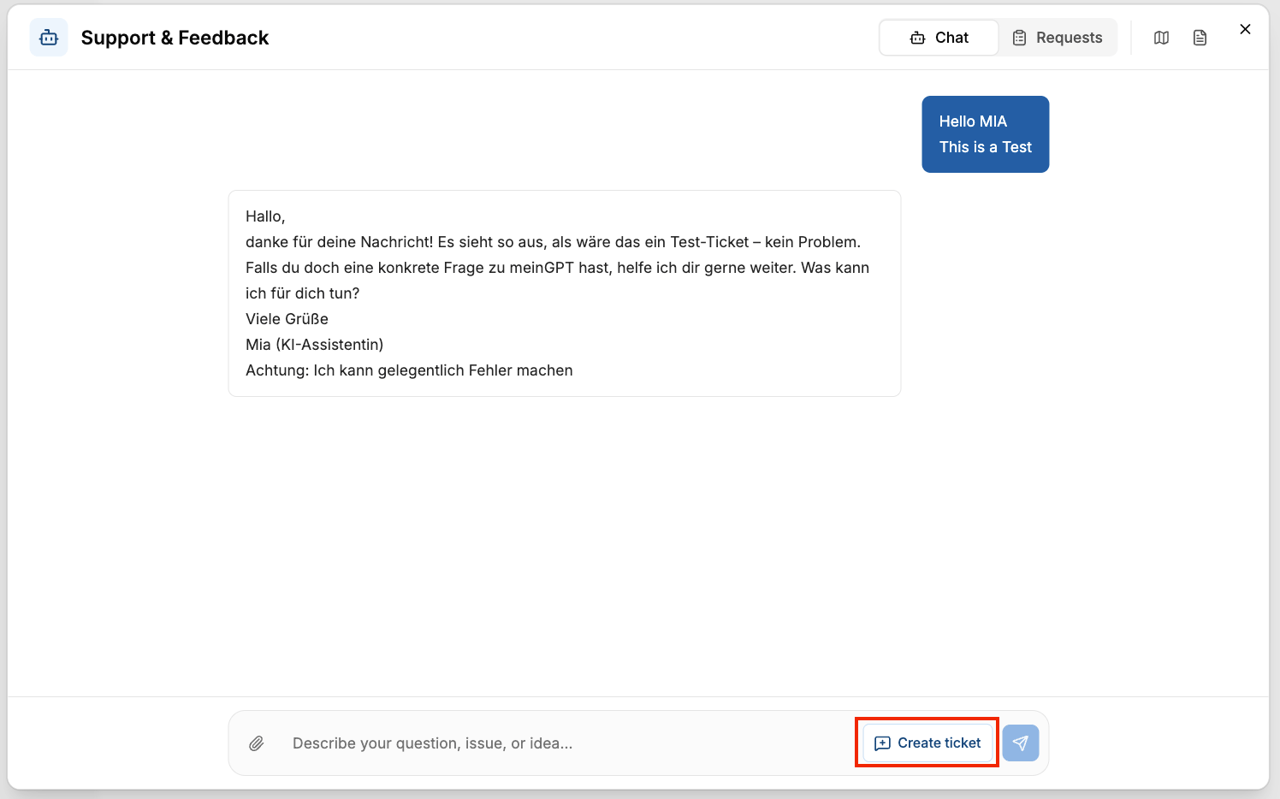 Chat with Mia with the "Create ticket" button highlighted