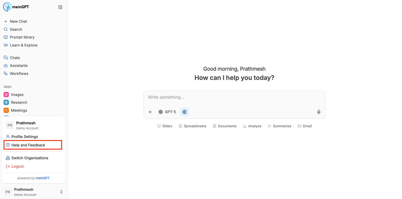 User menu with the "Help and Feedback" entry highlighted