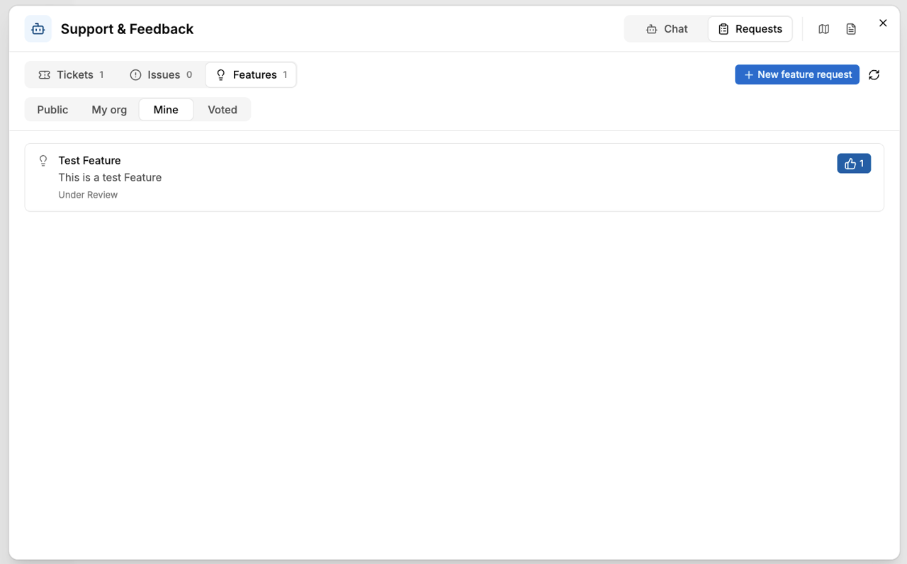 "Features" tab with the "New feature request" button