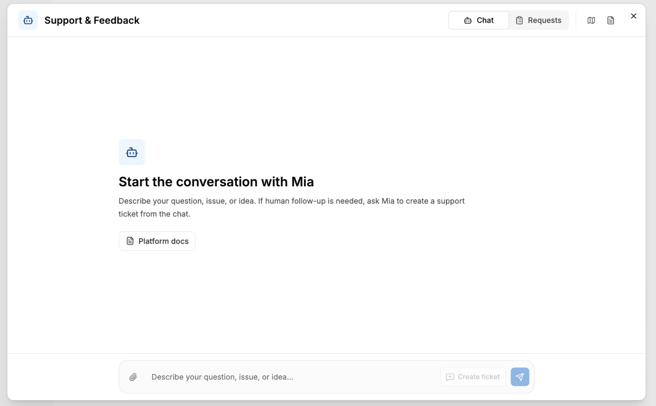 "Support & Feedback" window showing the start of the chat with Mia