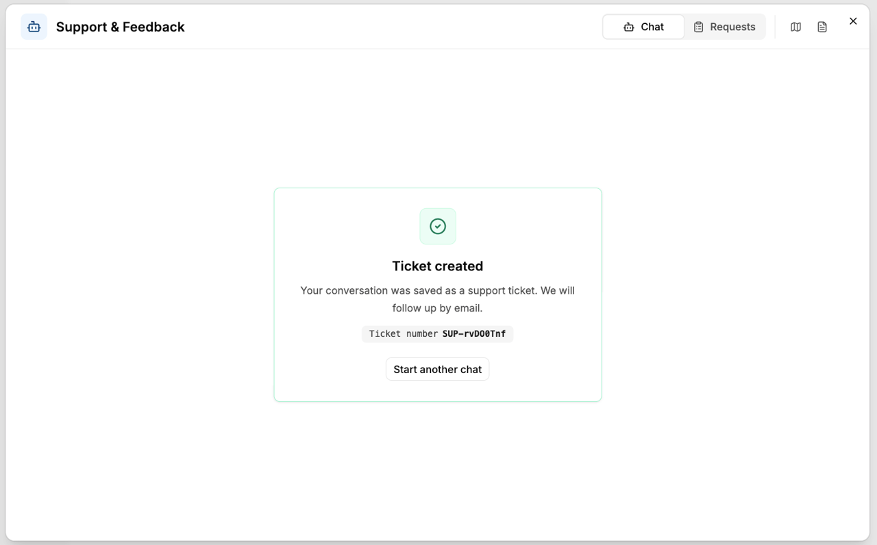 "Ticket created" confirmation with the ticket number