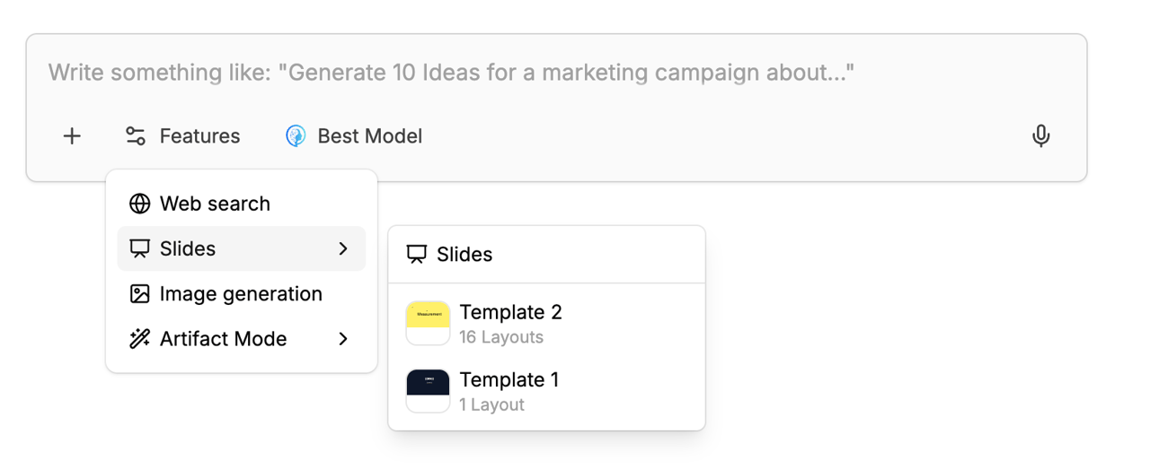 Chat tools menu with Slides submenu