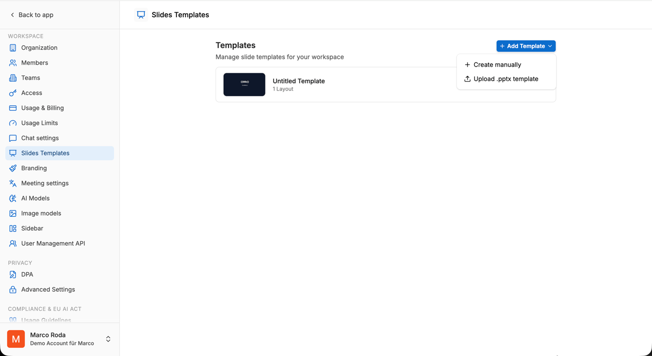 “Add Template” dropdown with the options “Create manually” and “Upload .pptx template”