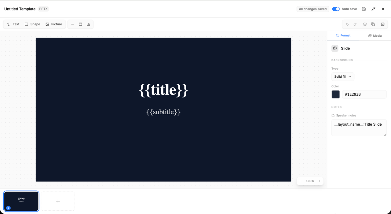 Slides editor showing a title slide with visible placeholders “{{title}}” and “{{subtitle}}” and the layout note “layout_name:Title Slide”