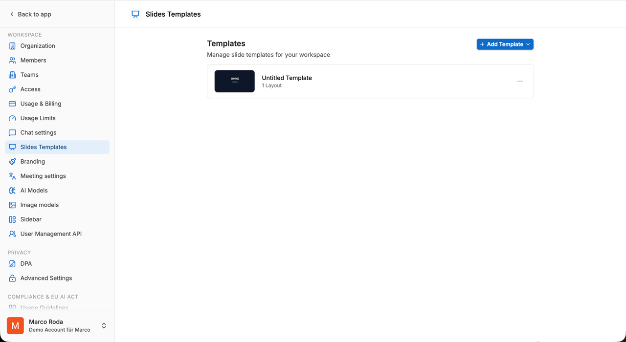 Slides templates overview in the account settings