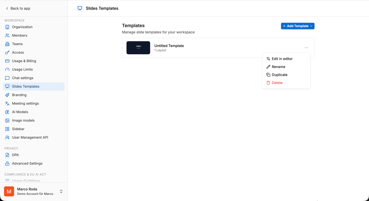 Context menu on a template with the actions “Edit in Editor”, “Rename”, “Duplicate”, “Delete”