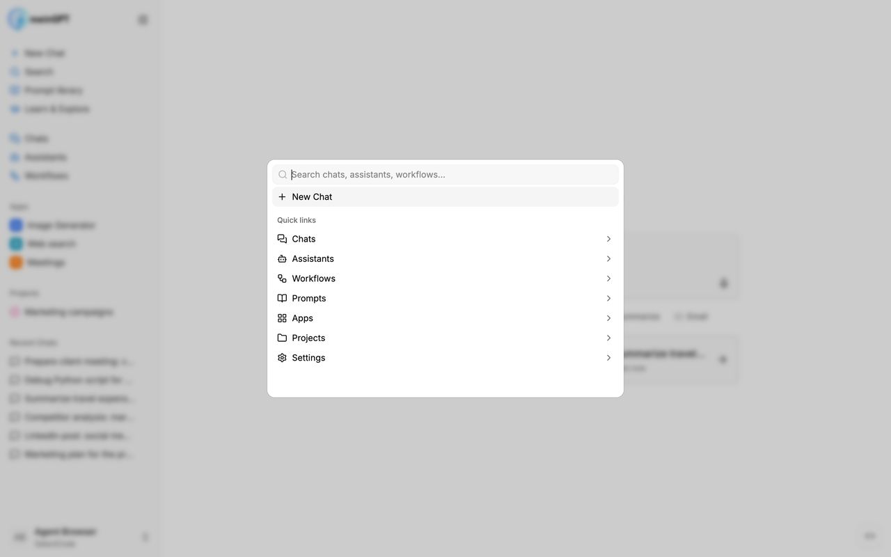 Universal search with quick links to all categories