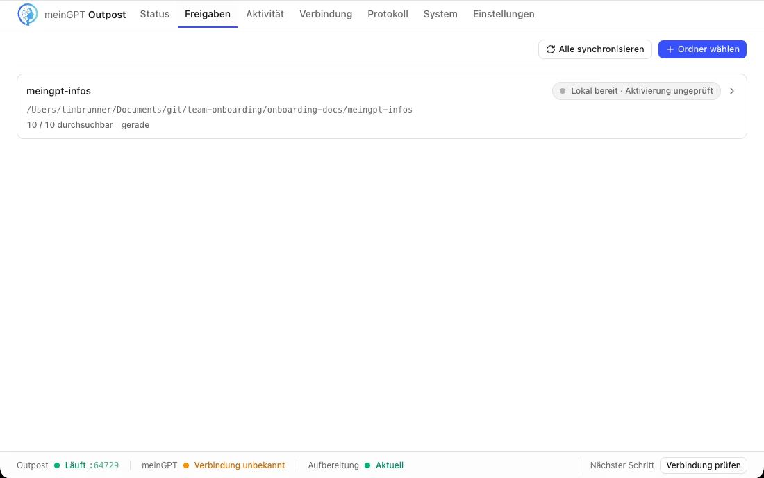 Der Reiter „Freigaben“ mit einem freigegebenen Ordner: Pfad, Anzahl durchsuchbarer Dateien und Status.