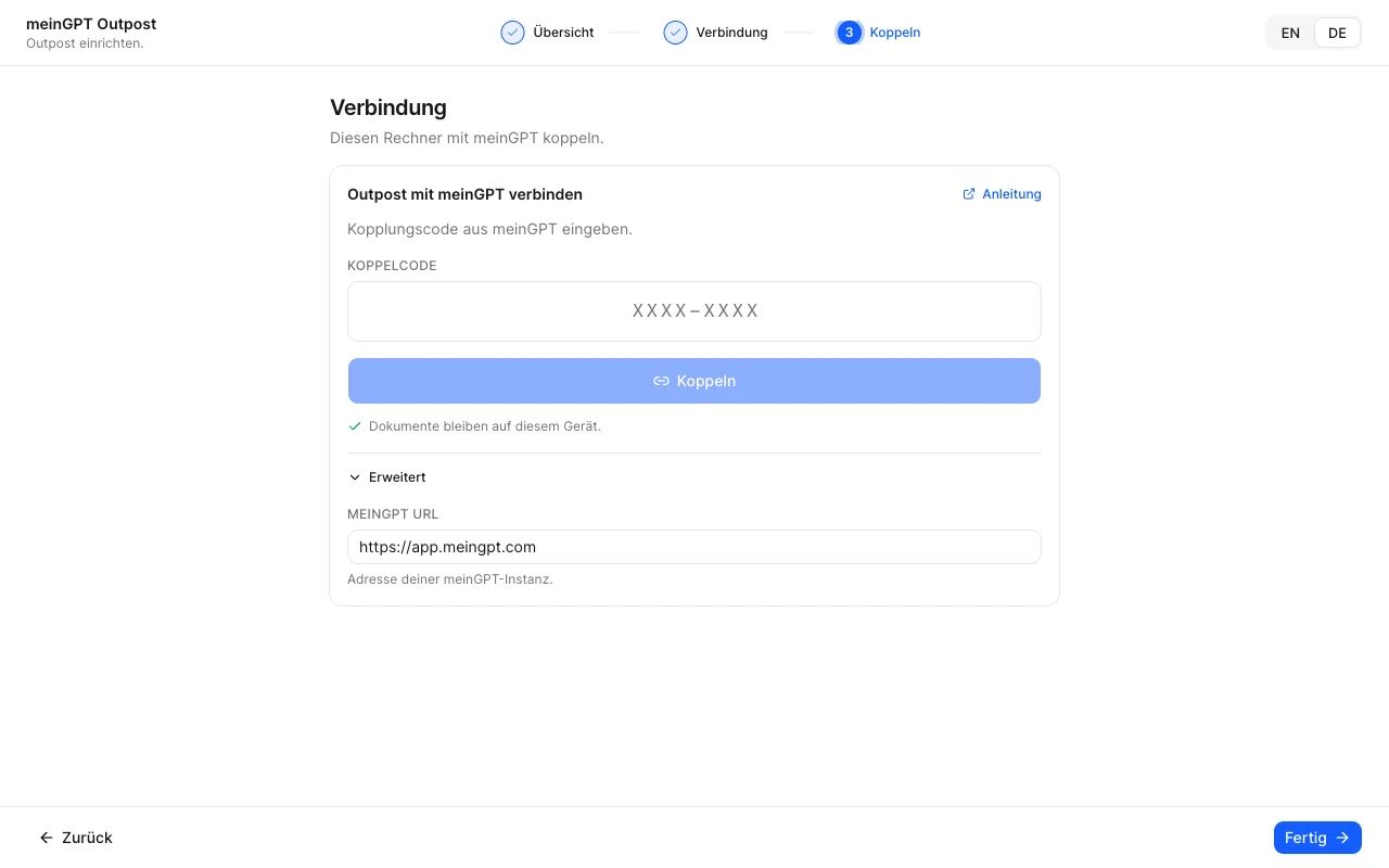The pairing step of the setup wizard: one field for the eight-character code from meinGPT