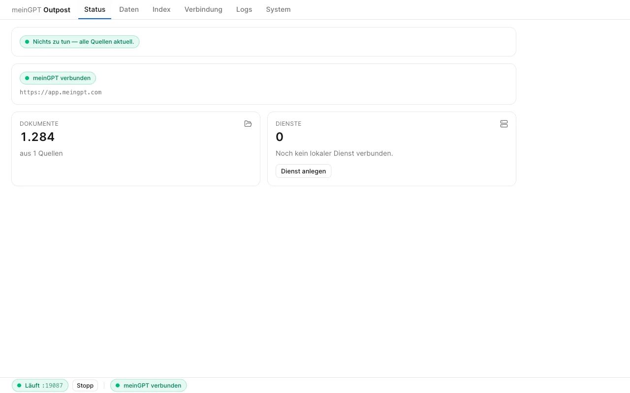 The Status tab with the connection state, documents per source and the status bar