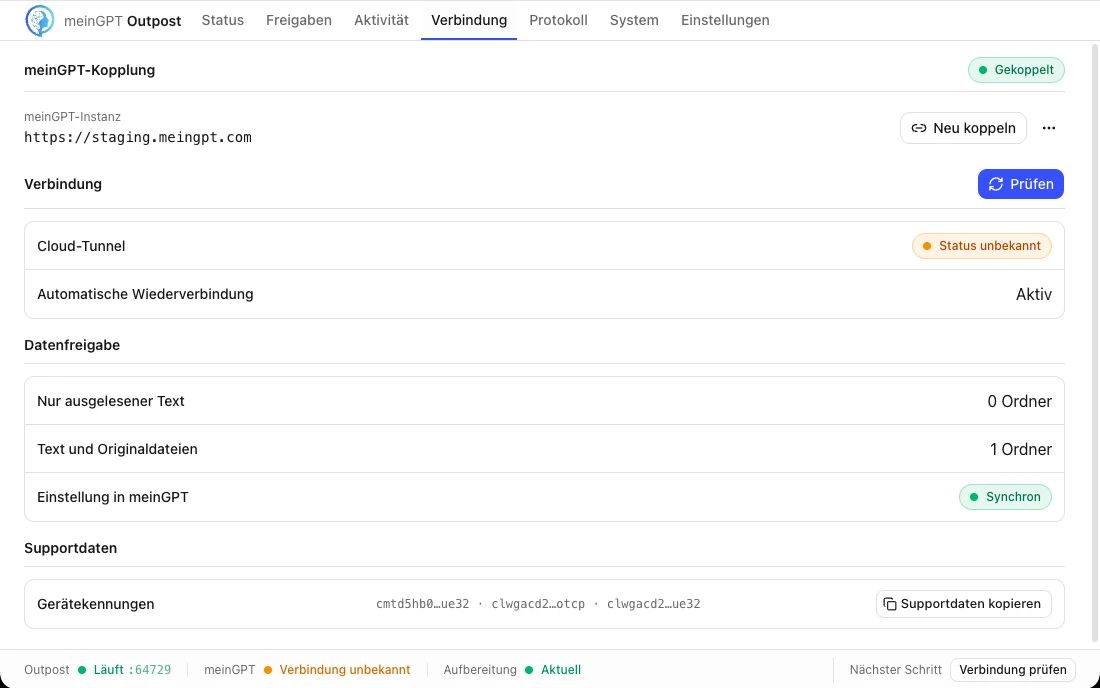 Der Reiter „Verbindung“: Kopplungsstatus, Cloud-Tunnel, die Datenfreigabe-Übersicht und die Gerätekennungen zum Kopieren für den Support.