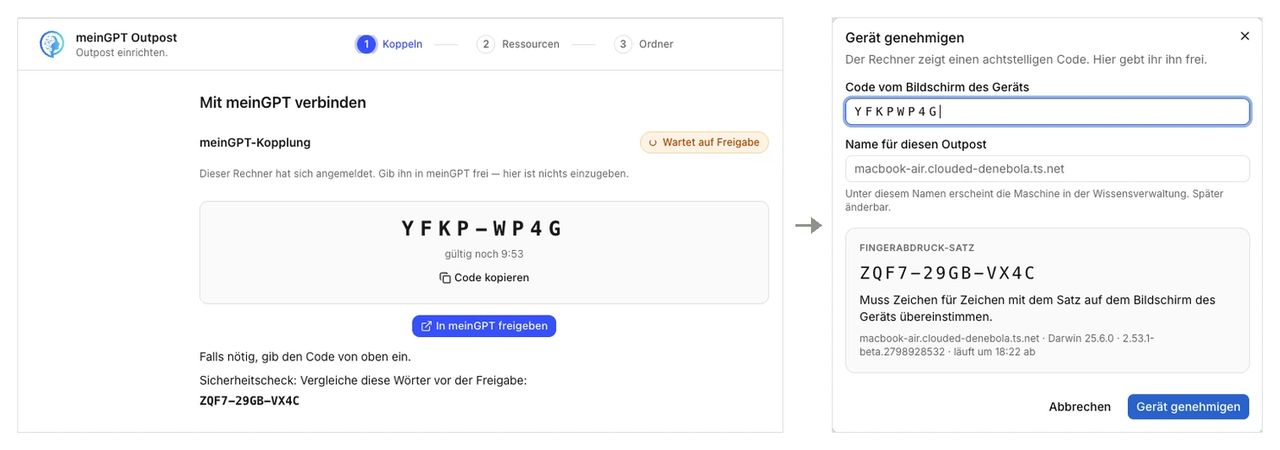 Links: der Rechner zeigt Code und Fingerabdruck-Satz und bietet „In meinGPT freigeben“ an. Rechts: der Dialog in meinGPT mit demselben Code und demselben Fingerabdruck-Satz zum Vergleichen.