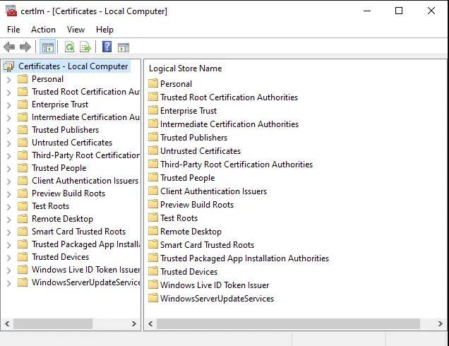 Windows Certificate Manager for the local computer, with "Trusted Root Certification Authorities" visible as the store for trusted root certificates.