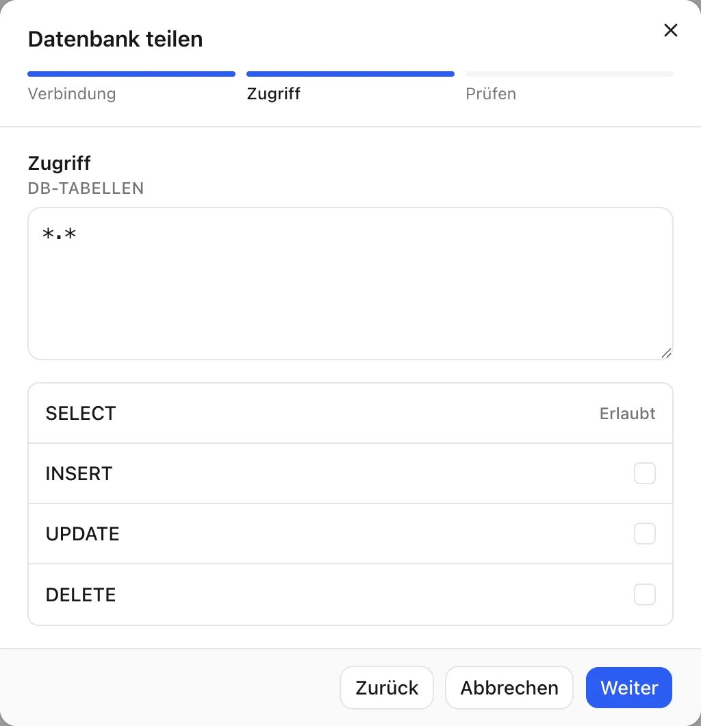 Der Schritt „Zugriff“ im Dialog „Datenbank teilen“: die DB-Tabellen-Liste und die Kästchen für SELECT (immer erlaubt), INSERT, UPDATE und DELETE.