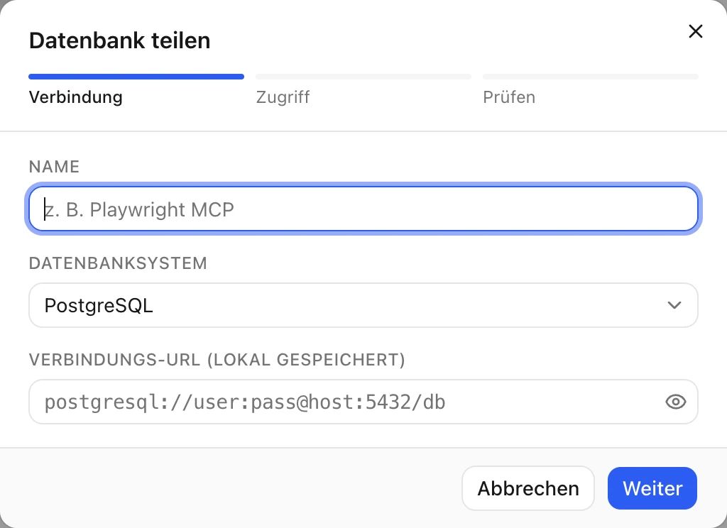 Der Schritt „Verbindung“ im Dialog „Datenbank teilen“: Name, Datenbanksystem und die maskierte Verbindungs-URL.