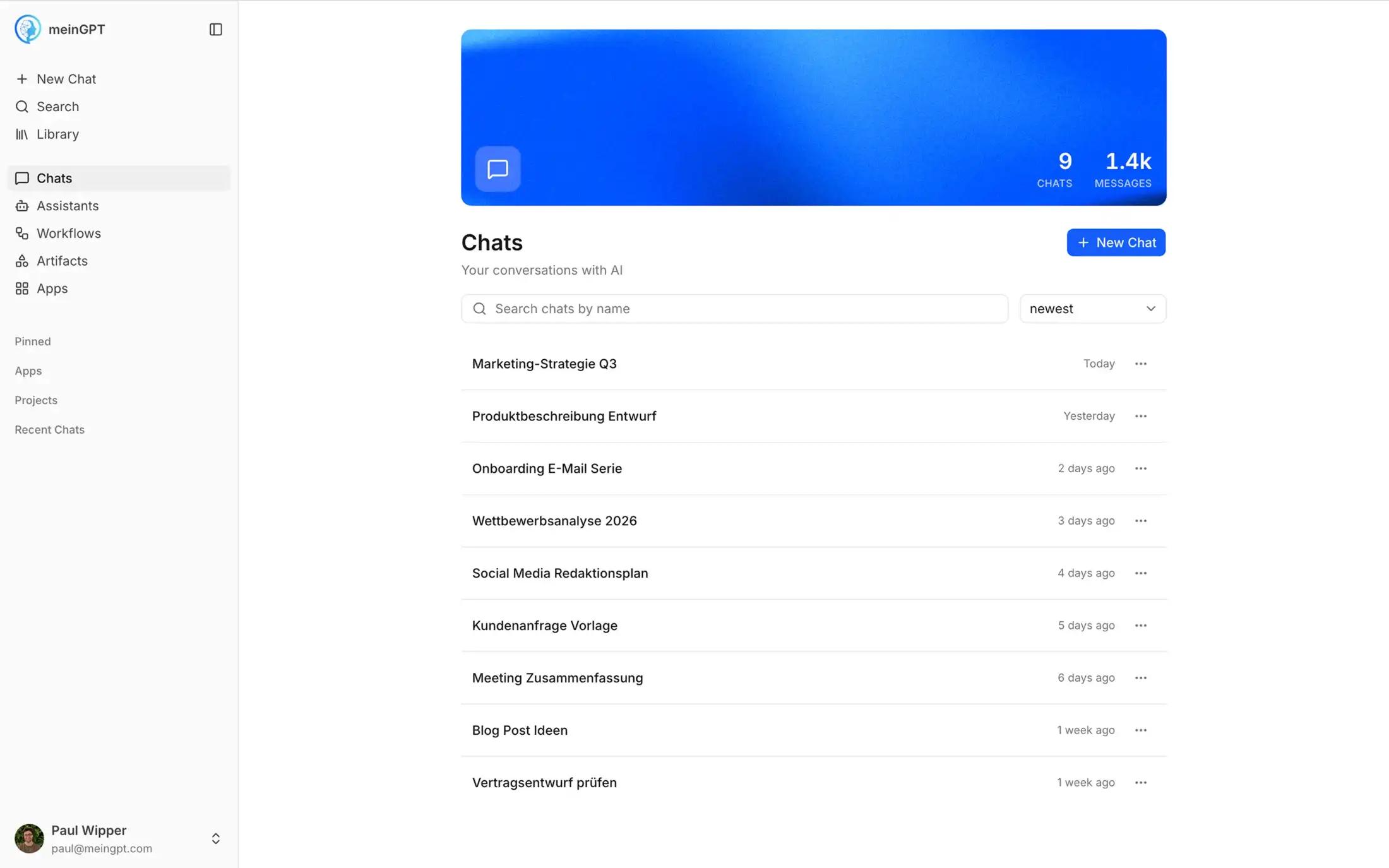 The meinGPT interface with chats, assistants and workflows