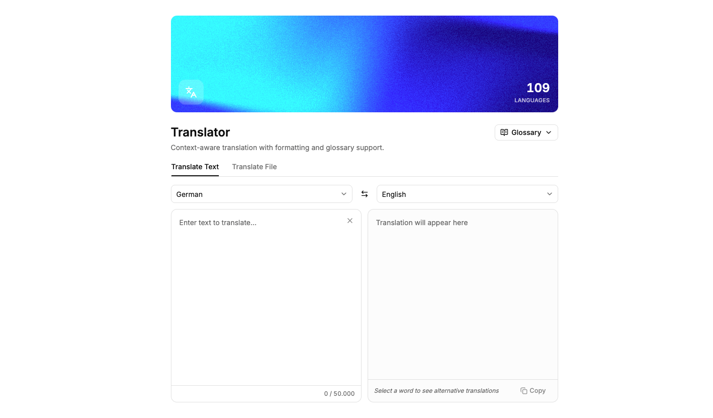 Translator with text and file translation plus glossary selection