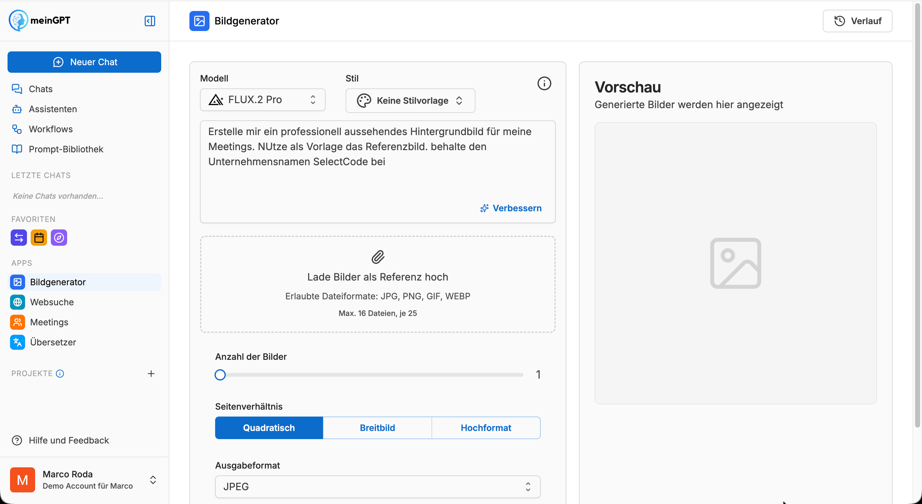 Bildgenerator mit Eingabefeld, Modellauswahl und Bildverlauf
